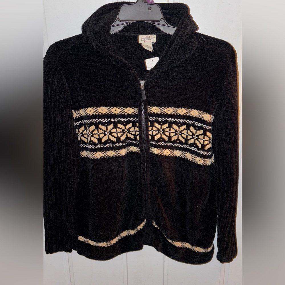 Classic Elements Black and Cream Patterned zip up Hooded sweater Large Petite